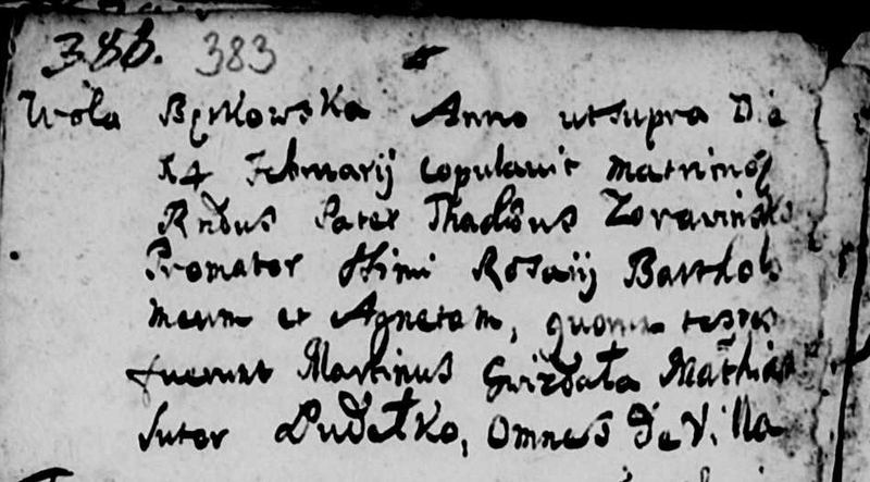 Fragment łacińskiego aktu metrykalnego z 1705 roku